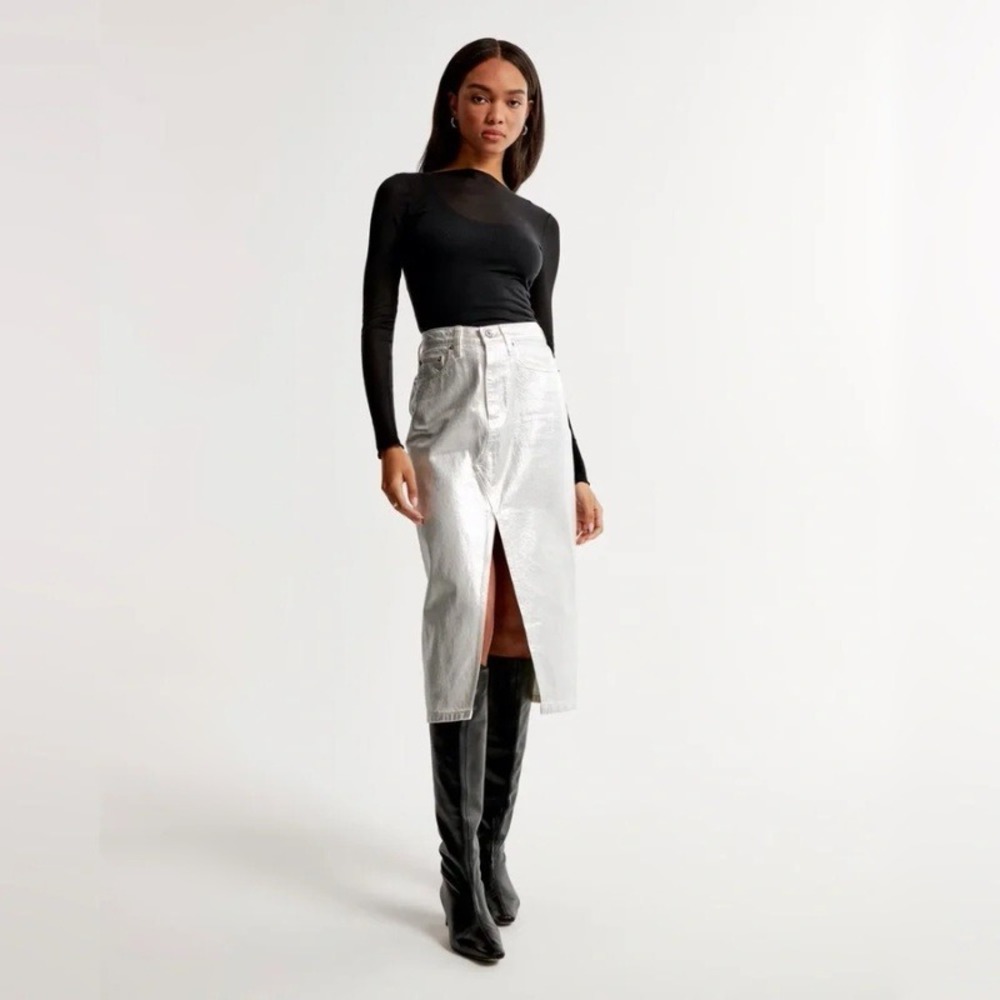 Abercrombie & Fitch High Rise Metallic Silver Coated Denim Midi Skirt 31 / 12 - Picture 1 of 9